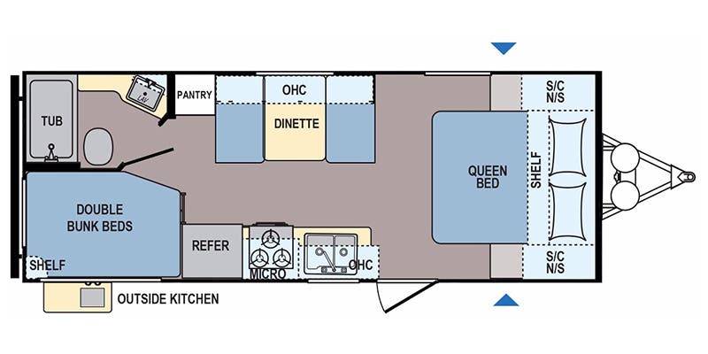 Travel trailer layout design displayed on a chart, showing the arrangement of interior spaces and features